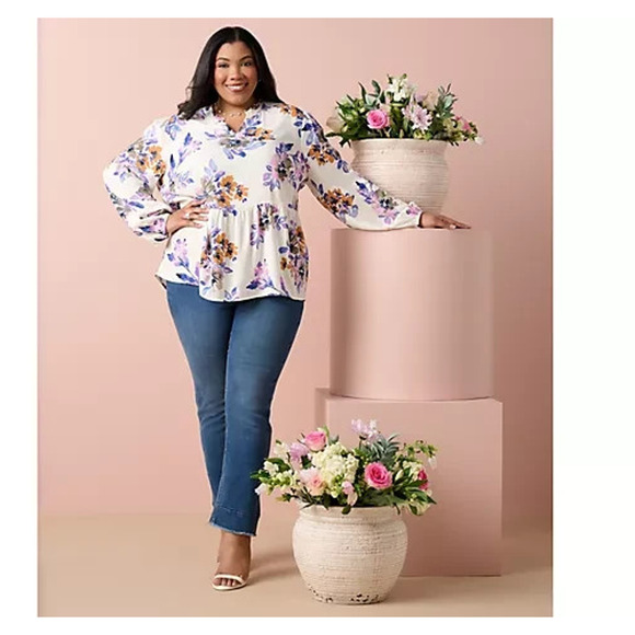 Denim & Co. Tops - Denim & Co. Printed Blouse with Smocked Cuff Womens Size Large Floral Bohemian